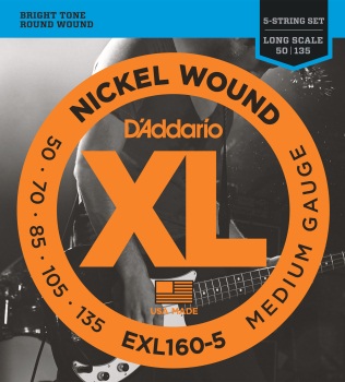 EXL165-5 D'Addario EXL165 5-String Nickel Wound Bass Guitar Strings, Custom Light, 45-135, Long Scale